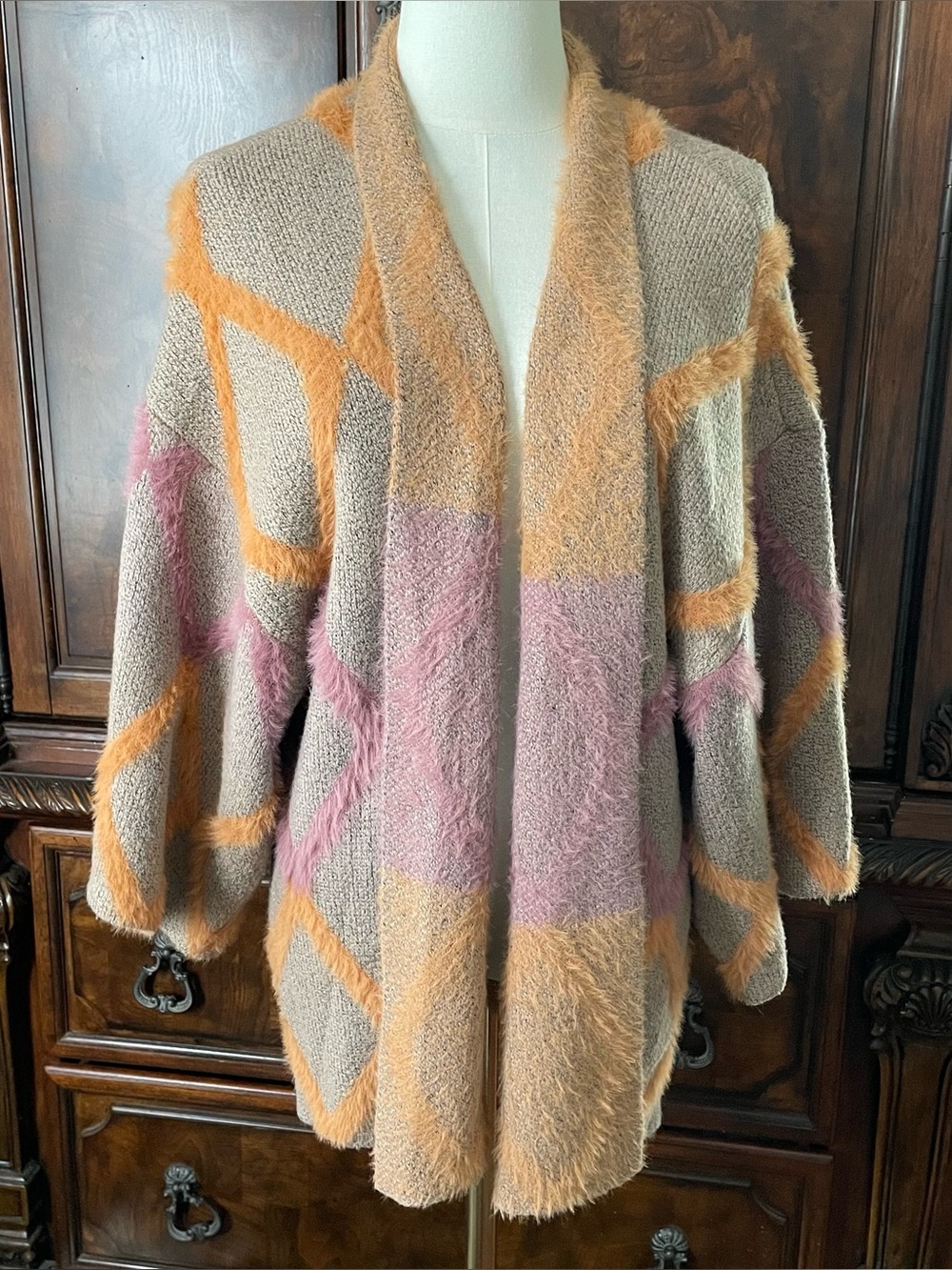 Kori America Textured Diamond Cardigan S/M Fuzzy Open Front Boho Cottagecore